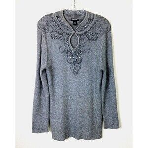 Lauren Michelle Metallic Beaded Shirt Size L Gray Silver Stretchy Knit Party